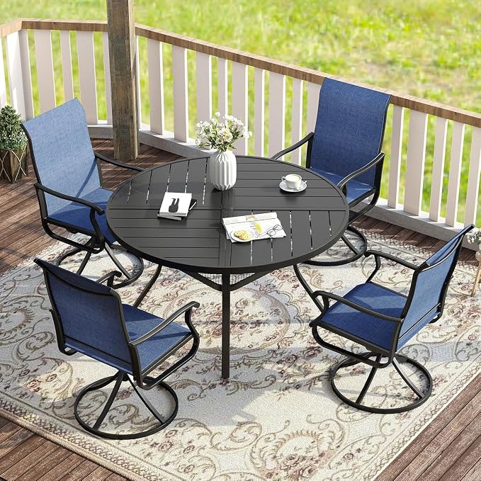VICLLAX 40.6" Round Patio Table with Umbrella Hole, All Weather Metal Outdoor Dining Table for 4, Outside Table with Storage Shelf for Lawn Garden, Black