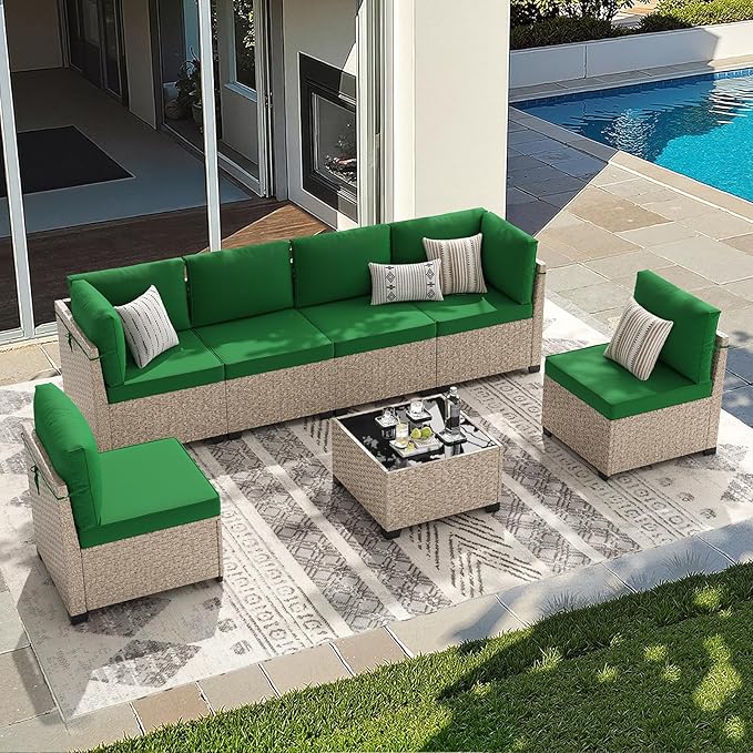 Soohow 7-Piece Patio Furniture Set, Outdoor Sectional All-Weather Wicker Patio Conversation Set for Garden, Porch, Backyard - Green Cushions