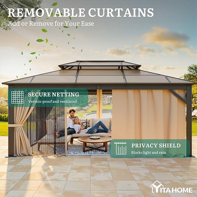 YITAHOME 12x16FT Polycarbonate Gazebo Double Roof Canopy Outdoor with Netting and Shaded Curtains, Aluminum Frame Polycarbonate Hardtop Garden Tent for Patio, Backyard, Deck and Lawns, Brown