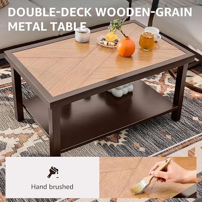 NATURAL EXPRESSIONS 4 Pieces Patio Furniture Sets,Modern Metal Outdoor Conversation Sofa Sets with High Back Swivel Rocking Chairs,Loveseat,Double-Deck Wooden-Grain Metal Table, 6" Cushions Beige