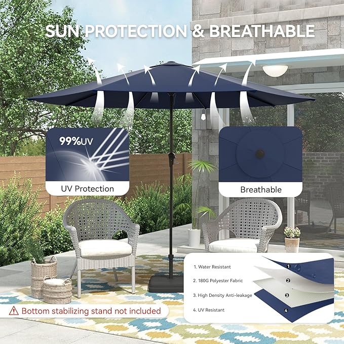Nalupatio 10ft Outdoor Patio Umbrella,Table Umbrella,Yard Umbrella,Heavy-Duty Round Market Umbrella with 8 Sturdy Ribs,Push Button Tilt and Crank for Garden,Deck,Backyard,Pool-Navy