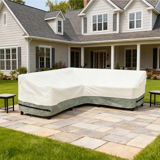 okcool Outdoor Sectional Sofa Cover Waterproof V Shaped Patio Furniture Covers for 5-Seater Outdoor Sectional Furniture Couch 85"(85''L) x 33.5''D x 31''H,White&Grayish Green