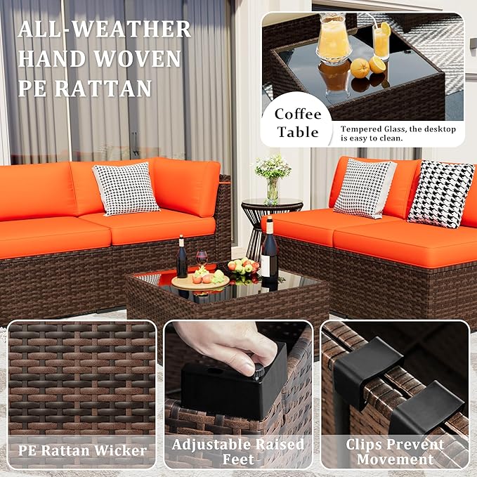 Patio Furniture Set, 5 Pieces Outdoor Sectional Sofa Set, PE Wicker Rattan Slanted Back Outdoor Conversation Set with Cushions and Glass Coffee Table, Orange