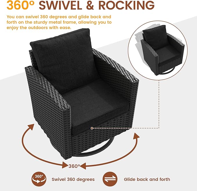 UDPATIO Patio Furniture Set, 6 Pieces Outdoor Sectional Couch with Swivel Rocking Chair, Gray Wicker Rattan Sofa with Side Table, 4" Thick Cushion for Garden Backyard Deck,Black