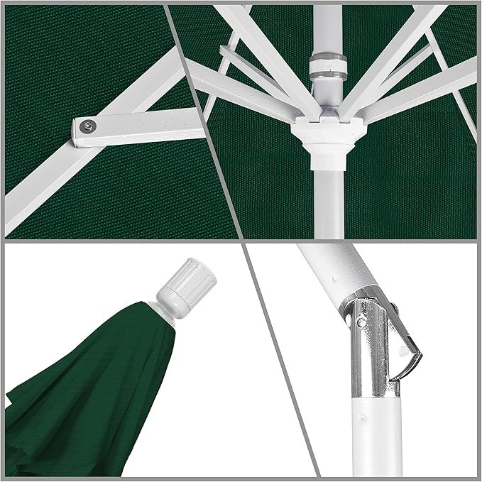 California Umbrella 9' Round Aluminum Market Umbrella, Crank Lift, Collar Tilt, White Pole, Hunter Green Olefin