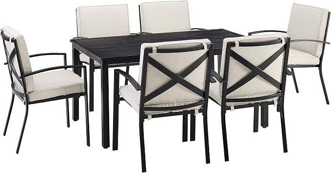 Crosley Furniture Kaplan 7-Piece Outdoor Dining Set for 6, Patio Table and Chairs for Backyard, Deck, Oiled Bronze with Oatmeal Cushions