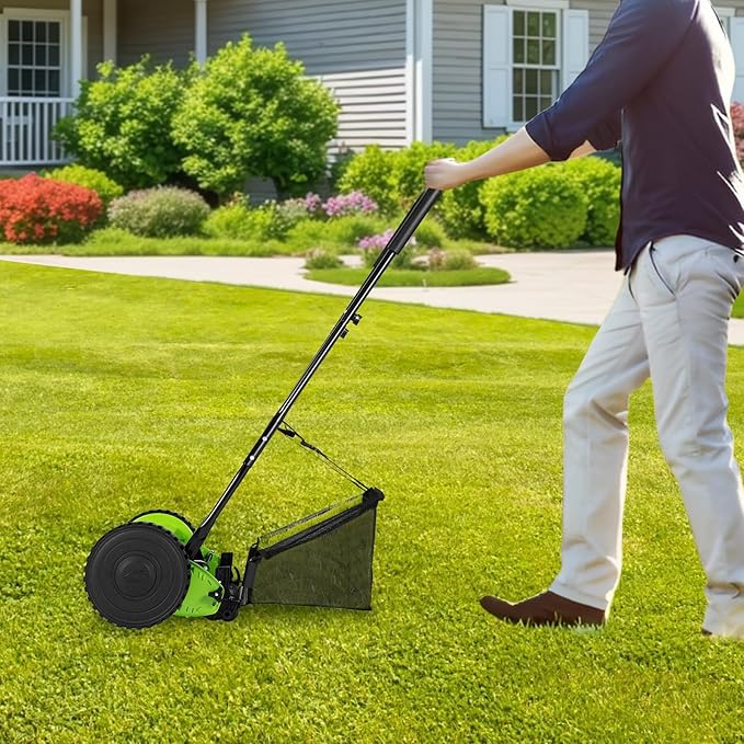 12'' Manual Lawn Mower, Adjustable Push Reel Cutter Hand-Powered Clipper Walk-Behind Trimmer with 5-Reel Design & 6-Gallon Collection Bag for Grass Leaves Debris on Lawns Courtyards
