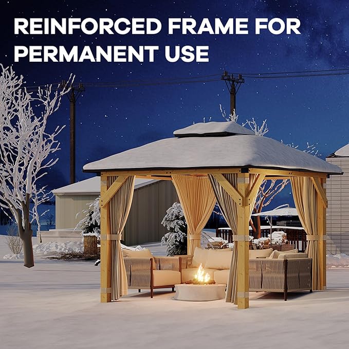Garvee 10x10 Ft Wood Gazebo, Upgrade Spruce Frame and Double Galvanized Steel Roof, Hardtop Gazebo with Nettings and Curtains for Backyard, Patio, Garden and Lawn, Khaki
