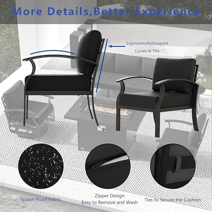 Aluminum Outdoor Patio Furniture Set,5 Pieces 8 Seats Patio Conversation Sets with 45" Propane Fire Pit Table,Metal Patio Sectional Furniture Set w/5.1" Cushions for Porch,Deck,Backyard,Black