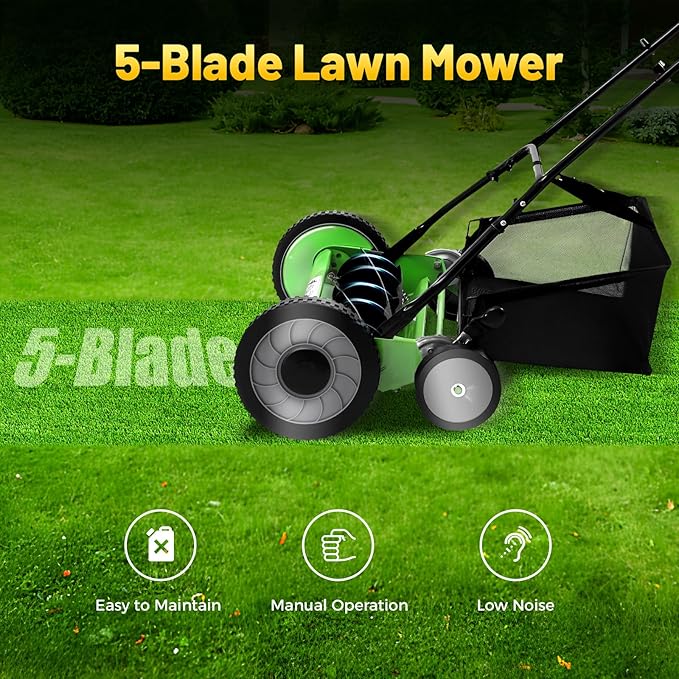 20 Inch Reel Lawn Mower, Manual Lawn Mower 9 Gears Outdoor Push Reel Lawns Mowers Manual Lawns Mowers Grass Cutter Machine with Large Capacity Collection Bag for Lawn Mowing in Villas Parks Gardens