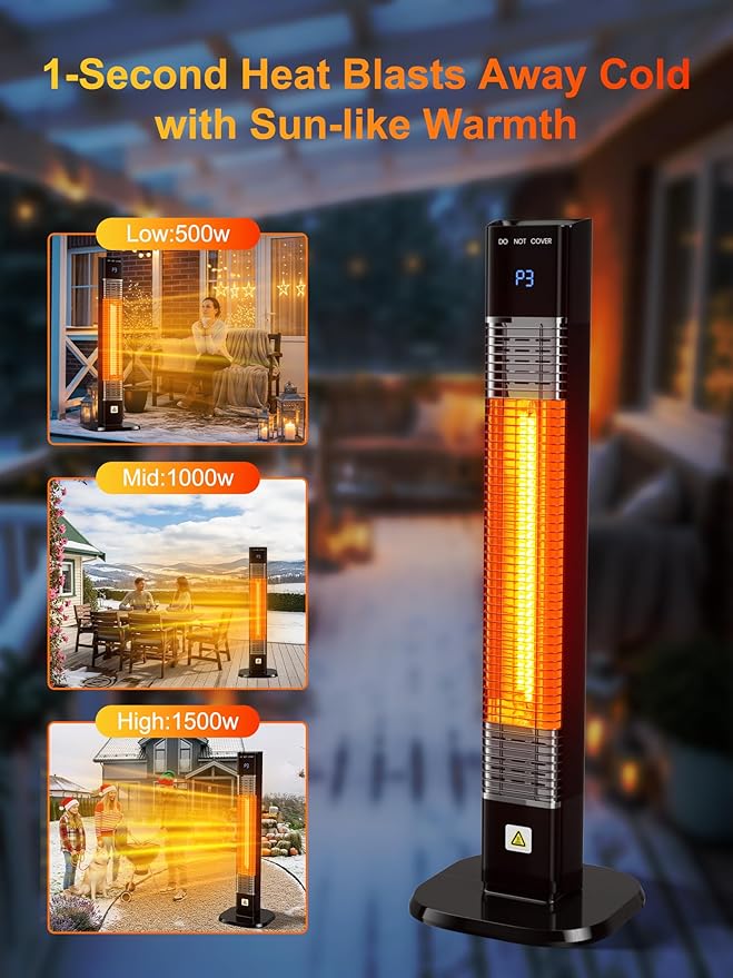 YEW Outdoor Electric Patio Heater, 1500w Infrared Heaters with Remote, 24H Timer, 3 Heat Levels, Waterproof, Quiet, Tip-Over Protection, Portable Space Heaters for Indoor Garage,Balcony,Backyard,Porch