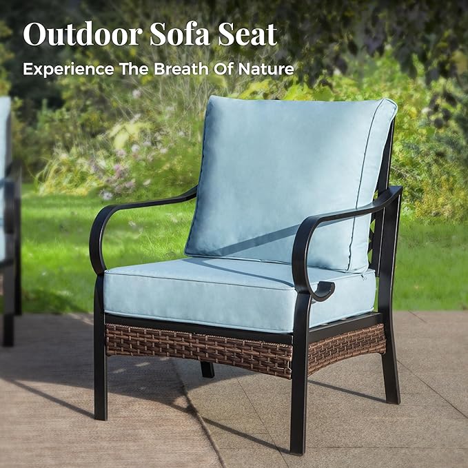 Patio Furniture Set with Firepit Table, Black Frame Outdoor Conversation Set with 4 x Fixed Chairs, 1 x 3-Seat Sofa for Lawn Garden Backyard, Blue
