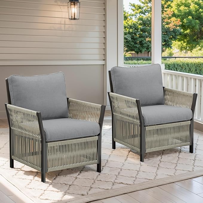 Outdoor Patio Chairs Set of 2, Handmade Rattan Wicker Chairs, PE Patio Furniture Set with Chic Minimalist Style for Garden, Porch, Backyard(Grey)
