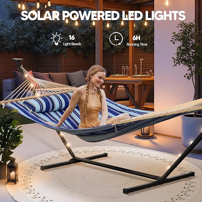 SUNCREAT Double Backyard Hammock with Solar Powered Lights for Outside, 475 lbs Capacity, Heavy Duty Self Standing Hammock with 12 ft Stand, Blue
