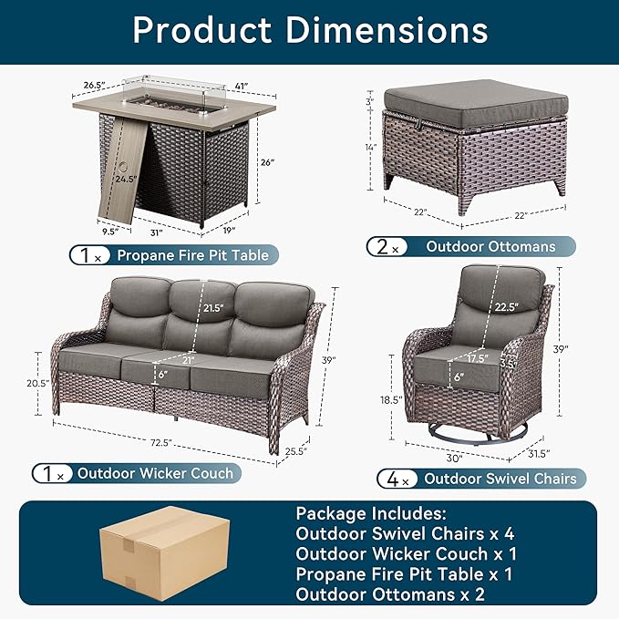 Luxury Patio Furniture Set with Fire Pit Table-8 Pieces All Weather Outdoor Swivel Rocker Chairs with Sofa and Ottomans. Outdoors Patio Conversation Sets for Porch Deck Garden Backyard(Brown/Grey)