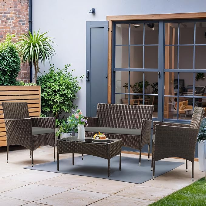 Greesum Patio Furniture 4 Pieces Conversation Sets Outdoor Wicker Rattan Chairs Garden Backyard Balcony Porch Poolside loveseat with Cushion and Glass Table, Brown and Grey