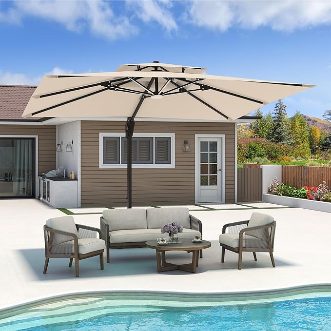 10x13 FT Cantilever Patio Umbrella with Base and Led Lights Double Top Outdoor Rectangular Large Heavy Duty Aluminum Offset Umbrellas with 7 Level Tilt 360-degree Rotation for Pool Garden Deck, Beige