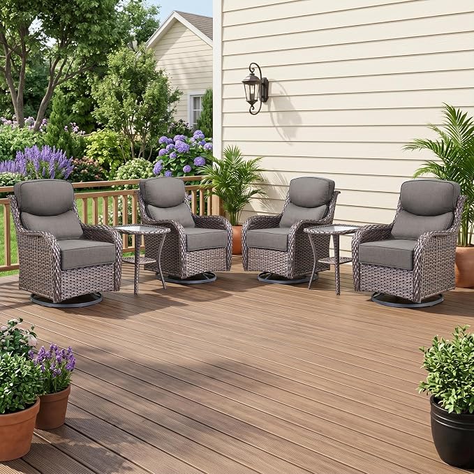 6 Piece Wicker Patio Furniture Set with Swivel Rocker Chairs Set of 4 Brown