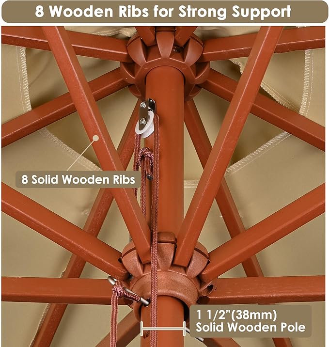 9 Ft Wooden Patio Umbrella 8 Ribs Table Parasol Rope Pulley Outdoor Garden Yard