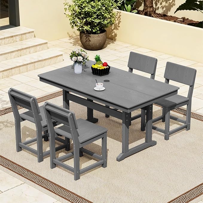 5-Piece HDPE Outdoor Patio Dining Set,Modern Plastic Dining Sets，Patio Table and Chairs Set with Umbrella Hole Cut-Out Table and 4 Chairs Gray