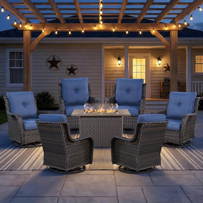 7 Piece Patio Furniture Set with 41" Fire Pit Table - High Back Swivel Glider Patio Chairs Set of 6, All Weather Deep Seating Outdoor Conversation Set for Porch Deck Yard Pool Brown