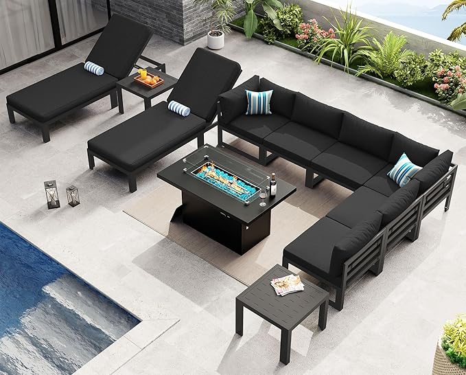 NICESOUL Oversized Modern Aluminum Outdoor Patio Furniture Set with Lounger & Fire Pit Table, 29" Wide Deep Seating, Rust Fade Resistant Sectional Sofa, 500 lbs Heavy Duty Deck Conversation Set, Black