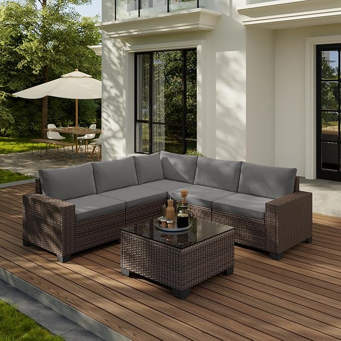 Gizoon 6-Piece Outdoor Patio Furniture Set, PE Wicker Rattan Sectional Sofa Conversation Set with Thickened Cushions and Coffee Table, All-Weather Patio Furniture for Garden, Backyard, Poolside, Grey