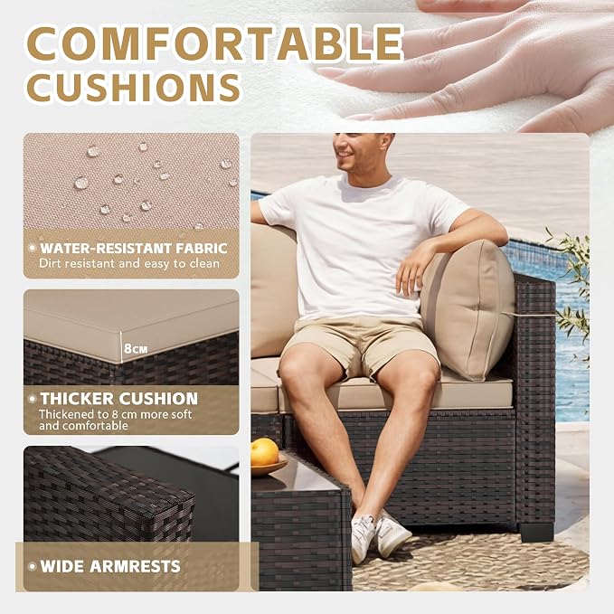 CHABATREE 7-Piece Outdoor Patio Furniture Sets, Manual Weaving Rattan Conversation Sectional Sofa with Tempered Glass Coffee Table, All-Weather PE Wicker & Thick Cushions for Garden, Backyard, Porch