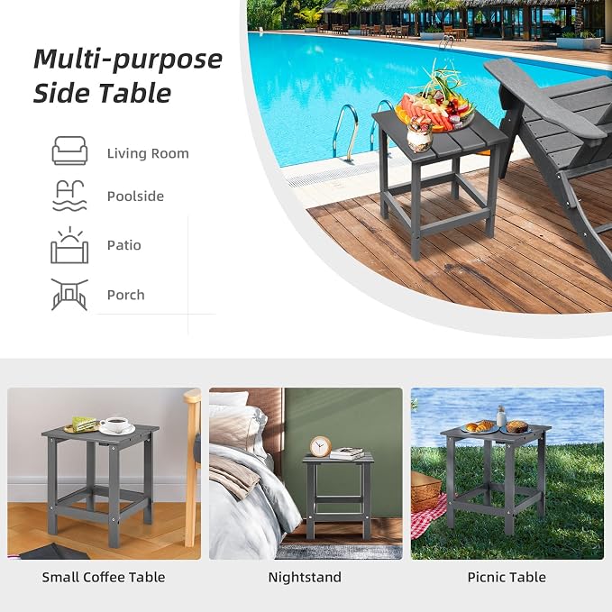 Tangkula Square Outdoor Side Table, Adirondack Table, Outdoor Indoor Chairside End Tables, Weather Resistant, Patio Side Table for Lawn Garden Balcony Backyard Living Room (2, Grey-Square)