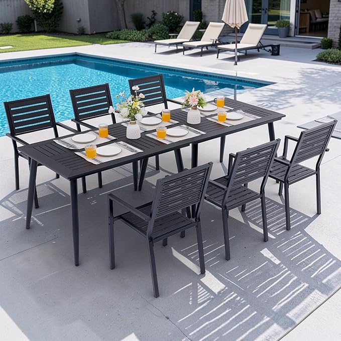 8-Piece Outdoor Dining Set - Two 47.25" HDPE Patio Tables and 6 Stackable Armrest Chairs - All-Weather Rust-Proof Steel Frame for Garden, Deck(Black)