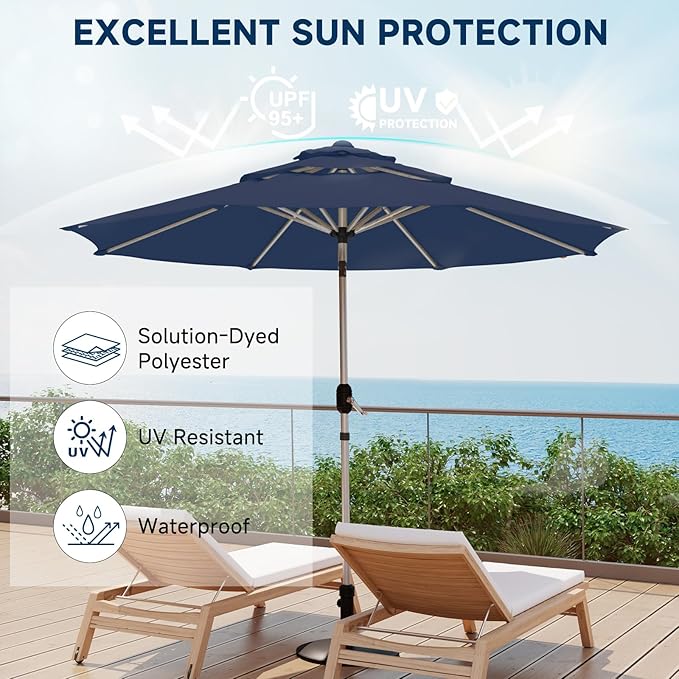 9FT 3-Tier Aluminum Outdoor Patio Umbrella, Fade-Resistant Market Umbrella with Push Button Tilt Function, 8 Sturdy All-Aluminum Ribs for Gardens, Patios, Backyards & Pools