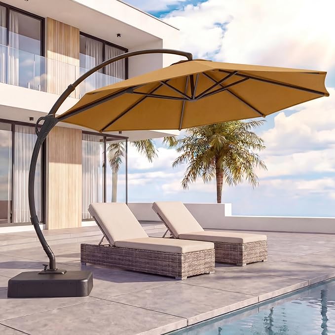 EO Living Outdoor Patio Umbrella with Base included, 12 FT Deluxe Curvy Cantilever Umbrella Heavy Duty Offset Hanging Umbrella with 360° Rotation for Pool, Garden, Backyard, Deck (Tan)