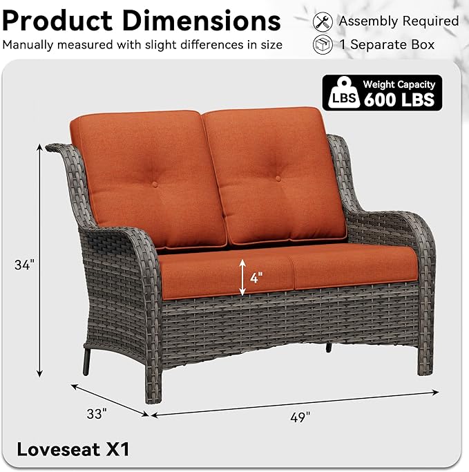 Wicker Patio Loveseat, 2 Seat Outdoor Couch with Thickened Olefin Cushions, High Back and Deep Seating, Hand-Woven PE Rattan for Porch, Deck, Balcony