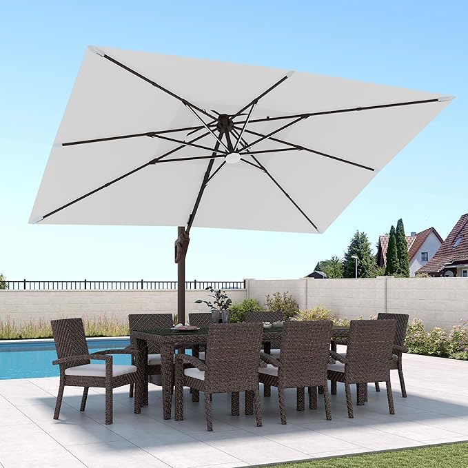9 X 12 FT Cantilever Patio Umbrella with Led Lights and Base Included Outdoor Heavy Duty Double Top Rectangle Offset Umbrellas with 360-degree Rotation for Pool Deck Backyard, Foggy Grey