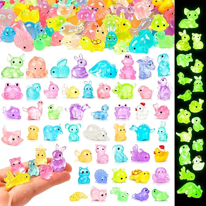 150PCS Luminous Mini Resin Animals 30+ Types Variety Glow in The Dark Tiny Animals Figures Bulk for Dollhouse, Fairy Garden,Micro Landscape Aquarium, Party Decoration DIY Crafts