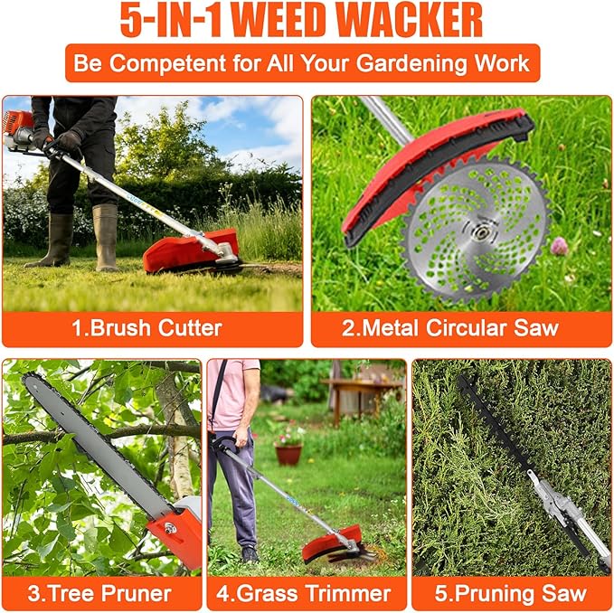 52CC Weed Eater Gas Powered, 5-in-1 Gas Edge Trimmer,Lightweight Petrol Hedge Trimmer,2-Stroke Lawn Trimmer,Chainsaw Brush Cutter,Cordless Grass Shear Handheld Trimmers for Lawn Care (red)