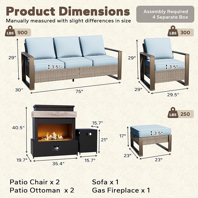 6 Pieces Metal Wicker Patio Furniture Set - 75" Sofa, Two Armchairs and Two Ottomans, One Fireplace All Weather Rattan Outdoor Conversation Furniture with Washable Cushion for Deck Porch, Baby Blue