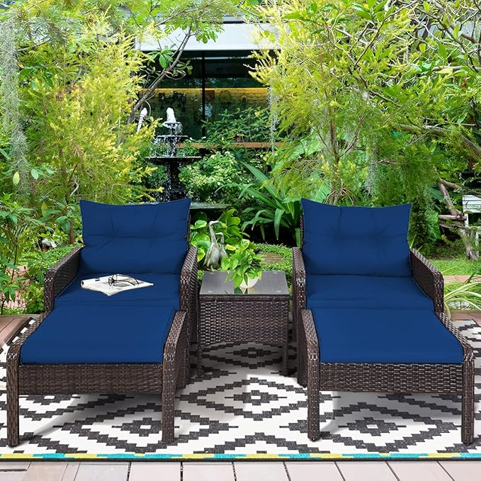 Tangkula 5 Pieces Wicker Patio Furniture Set, All Weather PE Rattan Outdoor Cushioned Sofas and Ottoman Set, 2-Person Outside Conversation Set for Lawn, Poolside, Yard, Balcony, Deck, Navy