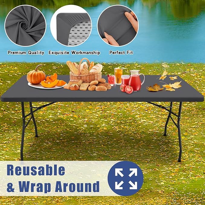 Moosfor Spandex 4 Foot Rectangle Table Cloth 2 Pack, Elastic Fitted Tablecloths for Picnic, Stretch Washable Patio Table Cover for Outdoor, Camping, Banquet and Parties (Dark Grey, 30"x48")