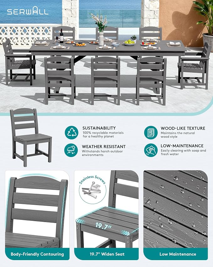SERWALL 9 Piece Outdoor Dining Set, 84" HDPE Outdoor Table with 6 Armless Chairs and 2 Armchairs ，All Weather Patio Dining Furniture Set with Umbrella Hole for Backyard, Garden, Gray