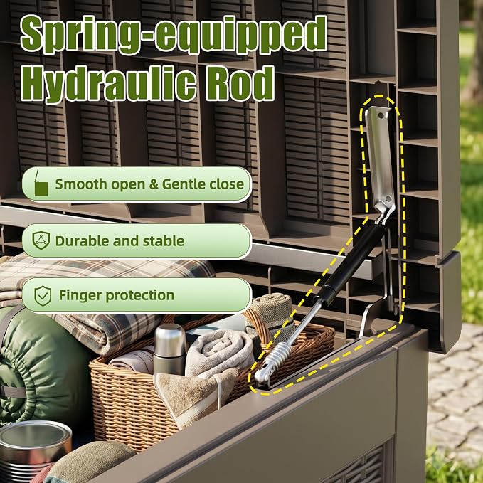 320 Gallon Storage Box, Deck Box, Large Storage Box, Waterproof &Resin with Hydraulic Rods Connected, For Patio, Lawn, Outdoor& Indoor Use Grey