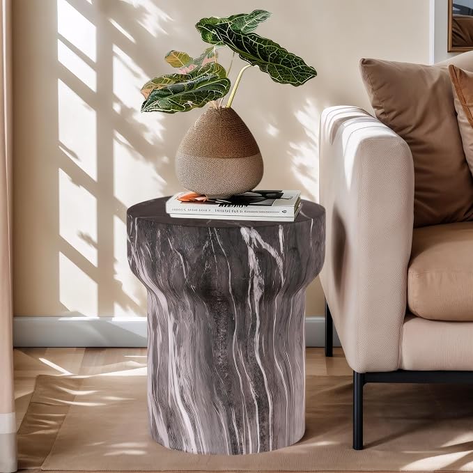 Outdoor Side Table Round Faux Marble Side Table Barrel End Tables Cement Accent Tables Patio Small Cofee Table Garden Stool for Porch, Backyard Balcony,15.55",Grey, Weather Resistant, MgO