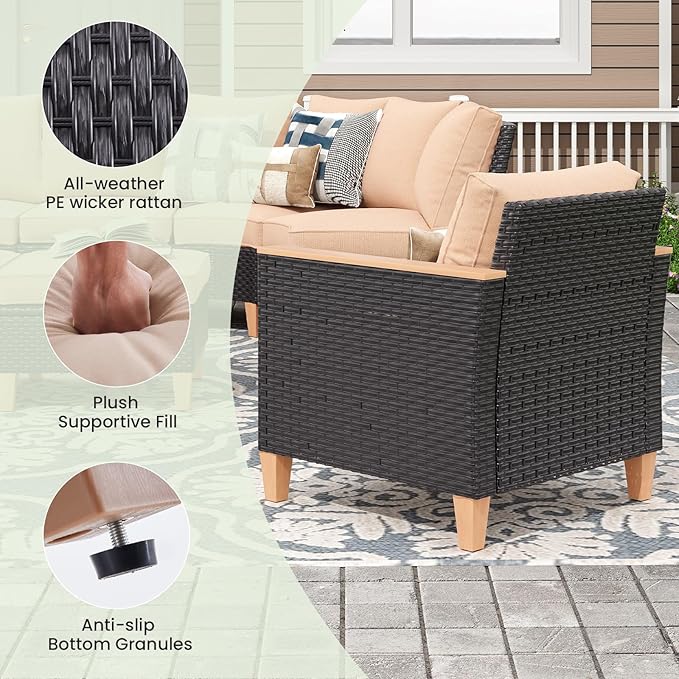 Soohow Half-Moon Patio Conversation Set, 5 Piece Outdoor Sectional Furniture Set with Cushions, Wicker Patio Conversation Set Outdoor Sectional Sofa, All-Weather for Garden, Backyard and Poolside
