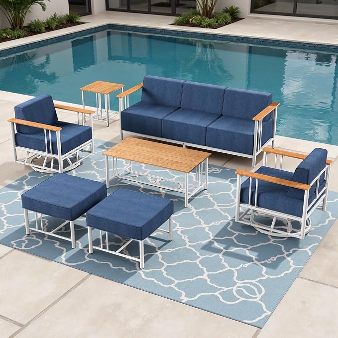 Luxury Outdoor Furniture Set with Swivel Chairs, 7 PCS Patio Furniture Set with 6" Extra Thick Cushions, Suitable for Porch, Balcony, Deck, Patio, Yard, Poolside, White/Blue