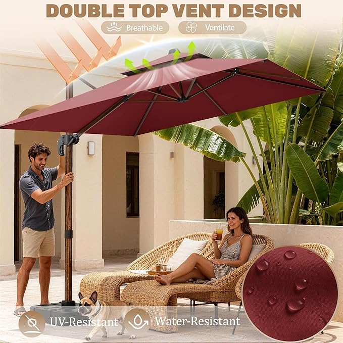 10x13FT Cantilever Outdoor Patio Umbrellas, Double Top Wood Pattern Rectangle Umbrella, Heavy Duty 360°Rotation Offset Umbrella for Garden Deck Pool Patio, Red