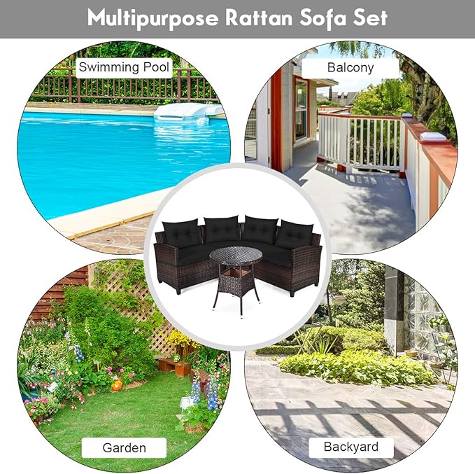 Tangkula 4-Piece C Shape Patio Furniture Set, Outdoor Corner Wicker Rattan Sectional Cushioned Sofa Set, with Glass Coffee Table, for Garden Poolside Balcony (Black)