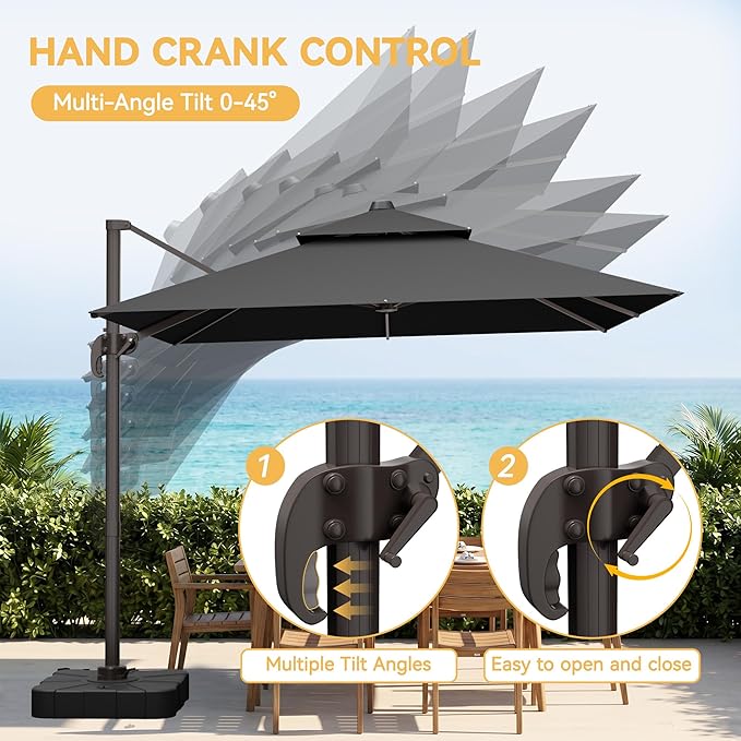 VEGOND 9x12 FT Patio Cantilever Umbrella with Base, Rectangular Heavy Duty Offset Umbrella for 6-8 People, 360°Rotation & Mult Tilt, Double Top Design, for Pool Garden Deck (Grey)