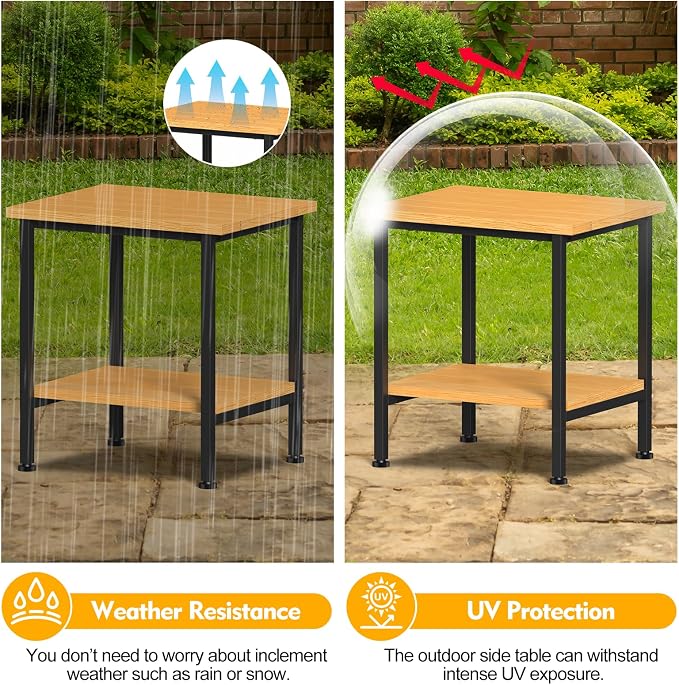 NANANARDOSO 2 Tier Outdoor Side Table with Storage, Adirondack Square Weatherproof End Table for Patio, Garden, Backyard, Porch, Deck, Balcony, Poolside-Brown