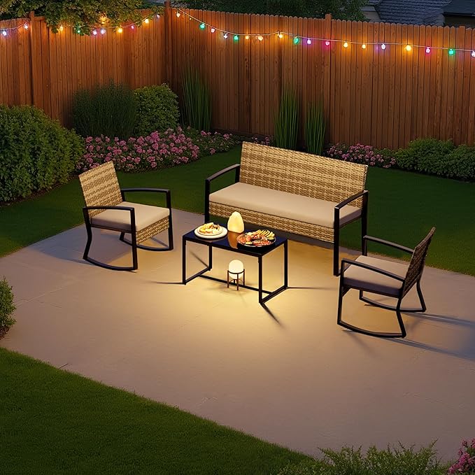 Ahomly 4 Piece Patio Furniture Set, Outdoor Wicker Patio Furniture with Glass Coffee Table, Rocking Patio Wicker Bistro Set, for Porch, Garden, Lawn (Light Grey)