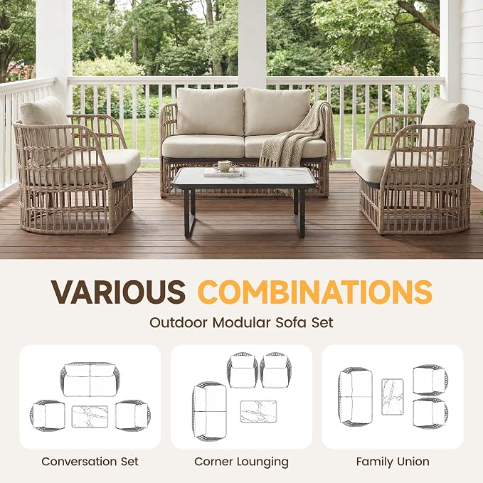 4 Piece Patio Conversation Set, Modular Outdoor Sectional Furniture Set for 4, Rattan Patio Sofa Couch with Cushions, Modern Patio Furniture Set with Coffee Table for Deck/Balcony/Porch, Beige